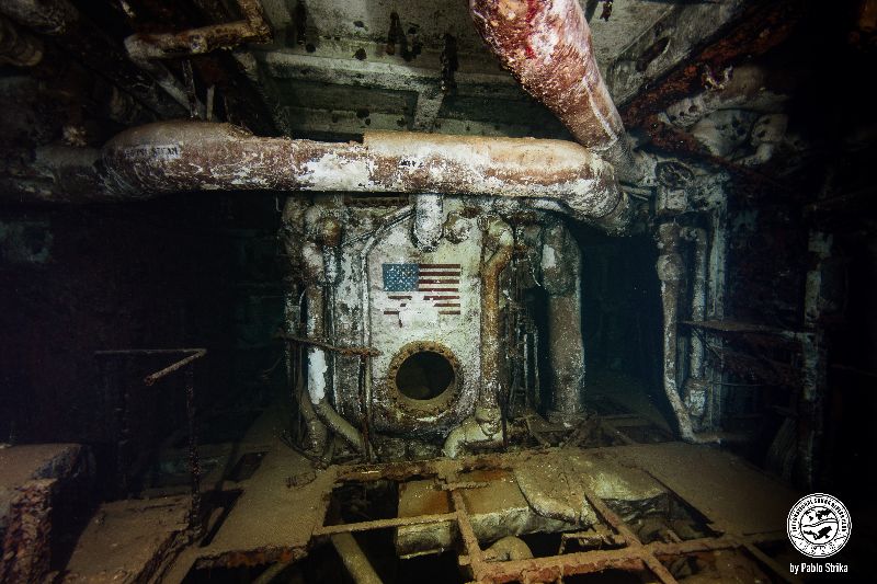 Spiegel Grove - The forward engine room has a US flag in the boiler