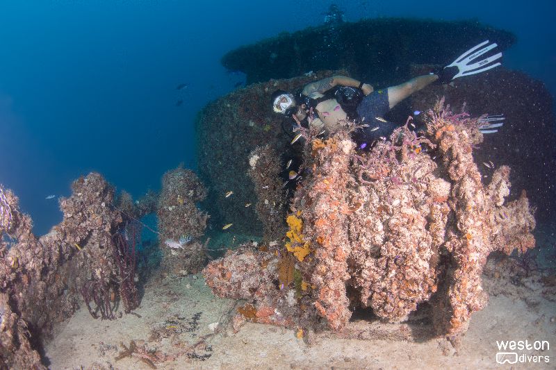 Paraiso III - A diver swim behind the bow winch