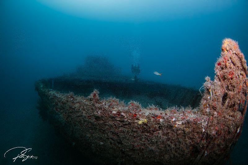 Miguana - If visibility is good, divers may be able to the entire wreck from the bow